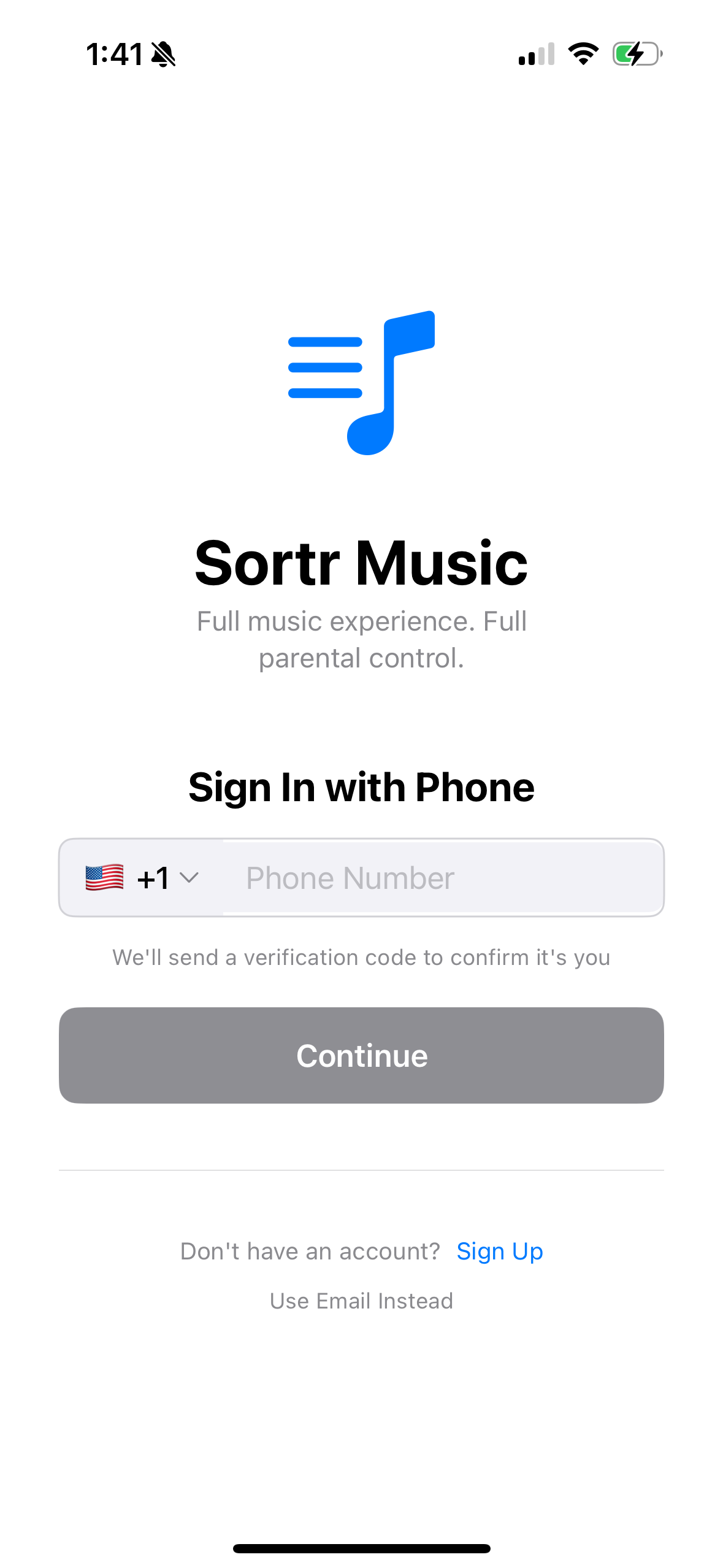 Sortr Music Login Screen